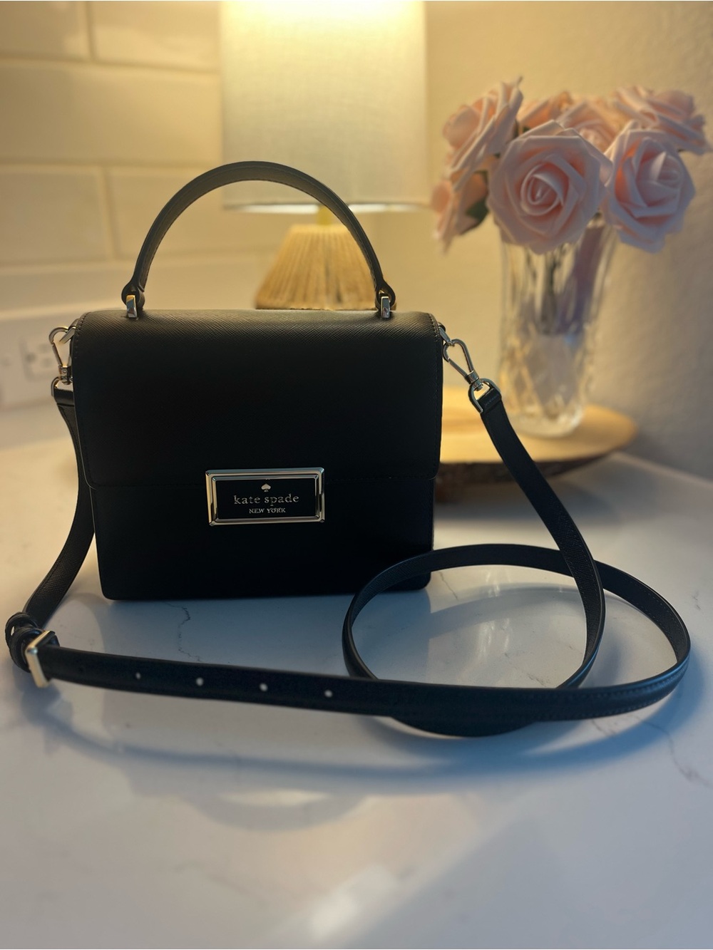 kate spade Black Leather Structured Top-Handle Satchel with Crossbody Strap